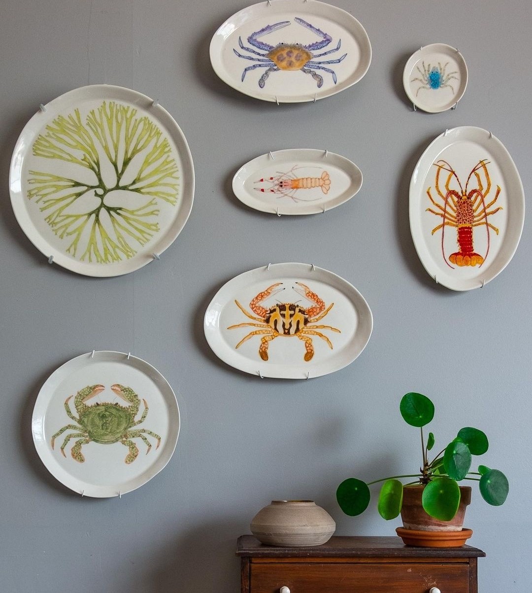 Seaweed and crustacean platters on wall by Casa Adams Fine Wares