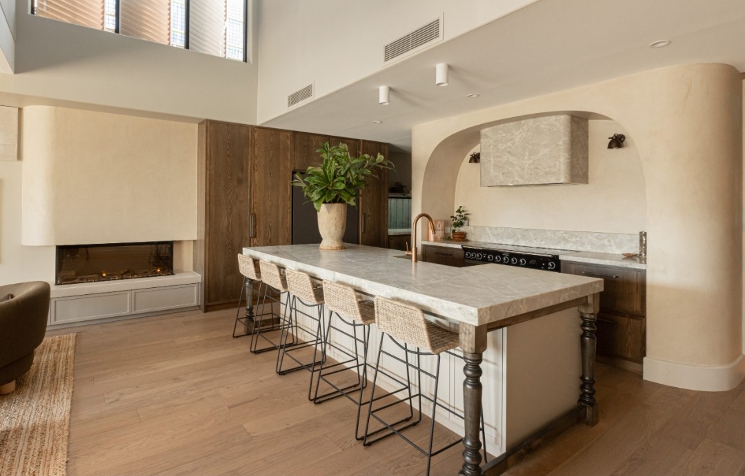 Kitchen island with timber leg detail in Kyal and Kara Bay Builds