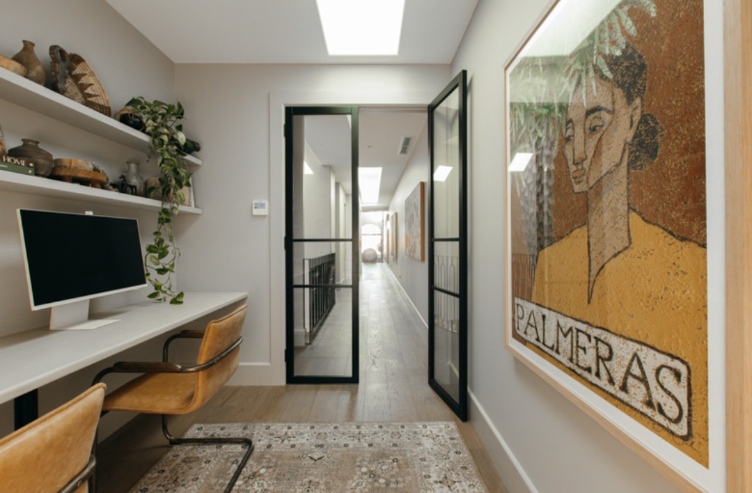 Black framed glass doors in study of Kyal and Kara Bay Builds