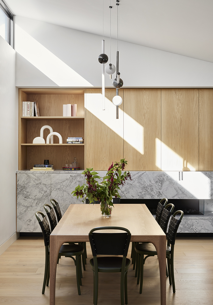 Timber and stone shelves in dining room