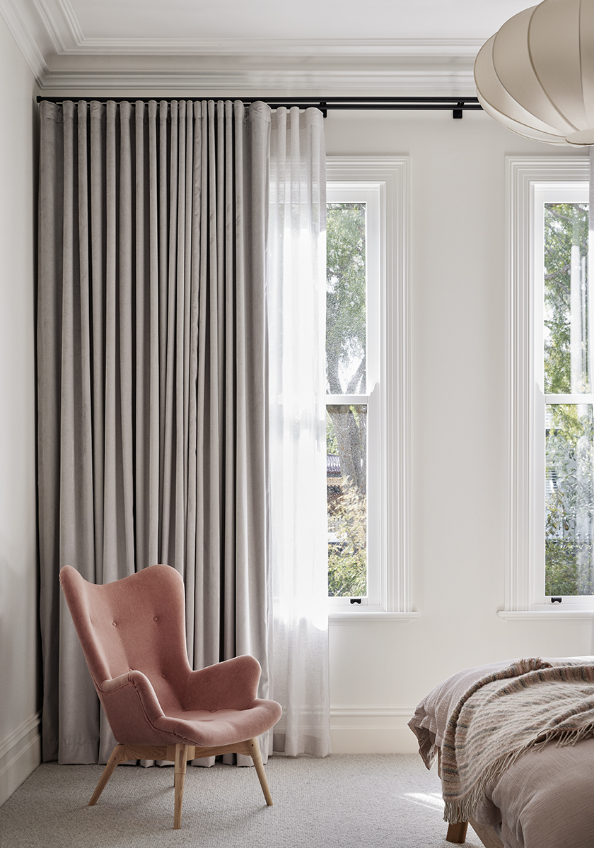 Pink butterfly wing occasional chair in Elsternwick House