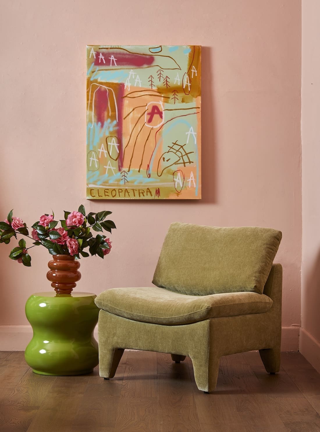 Pink and green graffiti style wall art by Musonga Mbogo