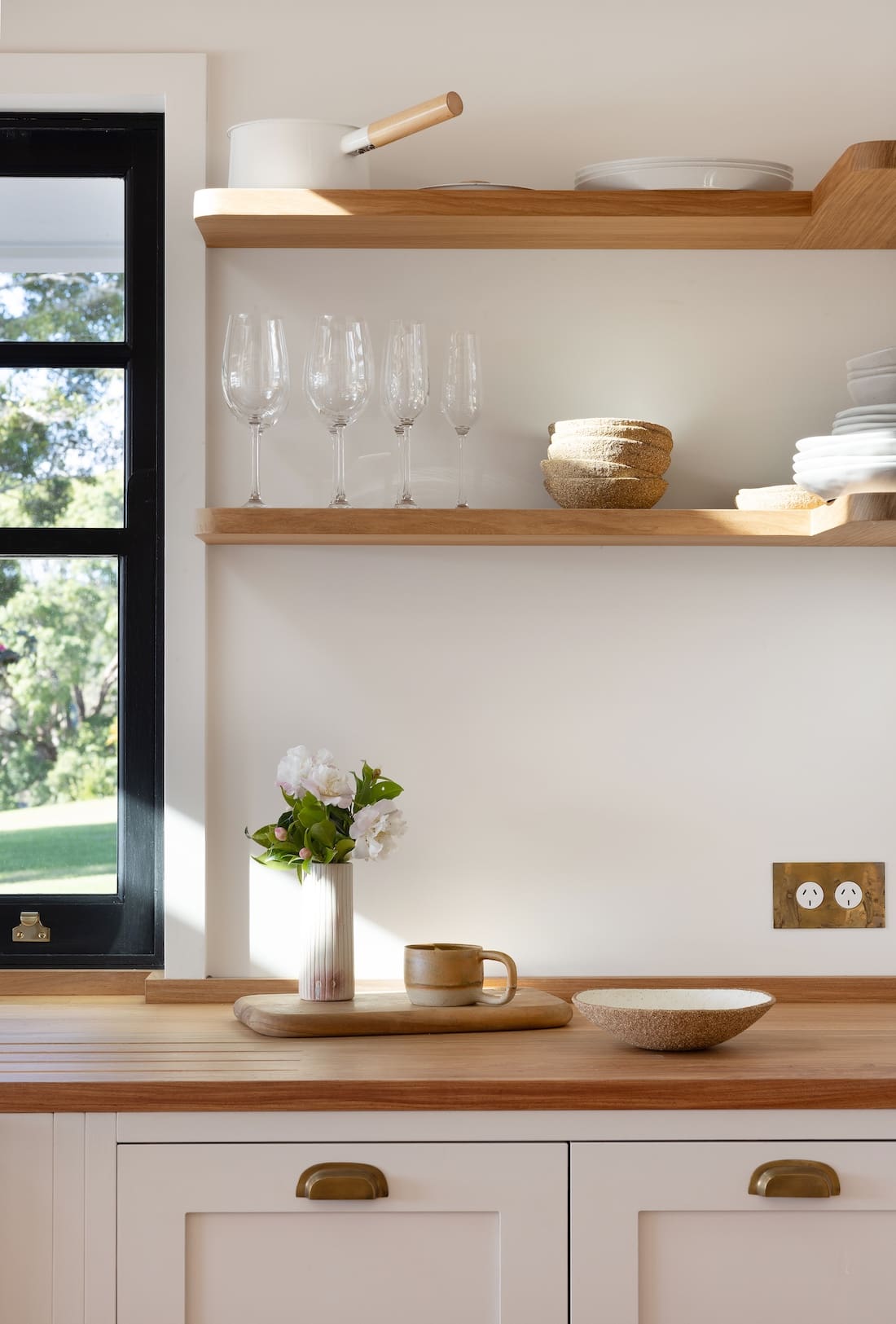 Timber shelves in kitchen at Rocklee House