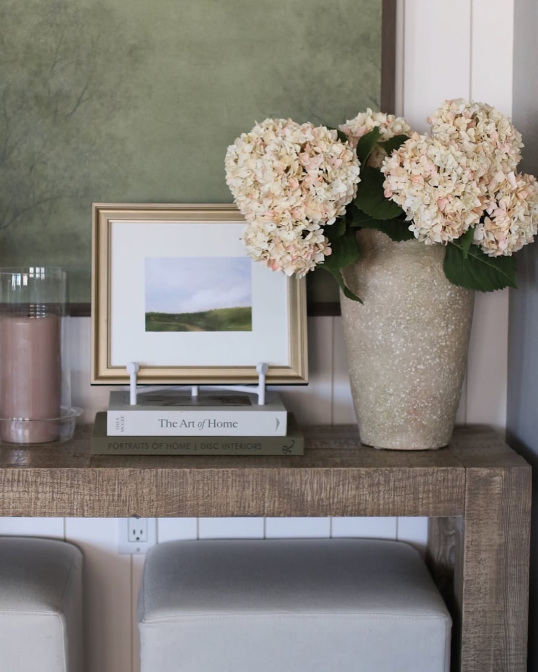 Faux hydrangeas on side table