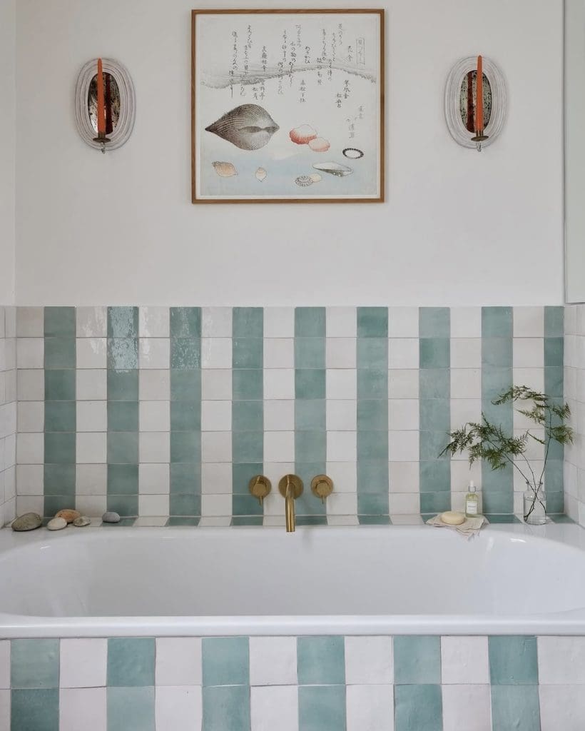Blue and white stripe bathroom by Lizzie Green Co