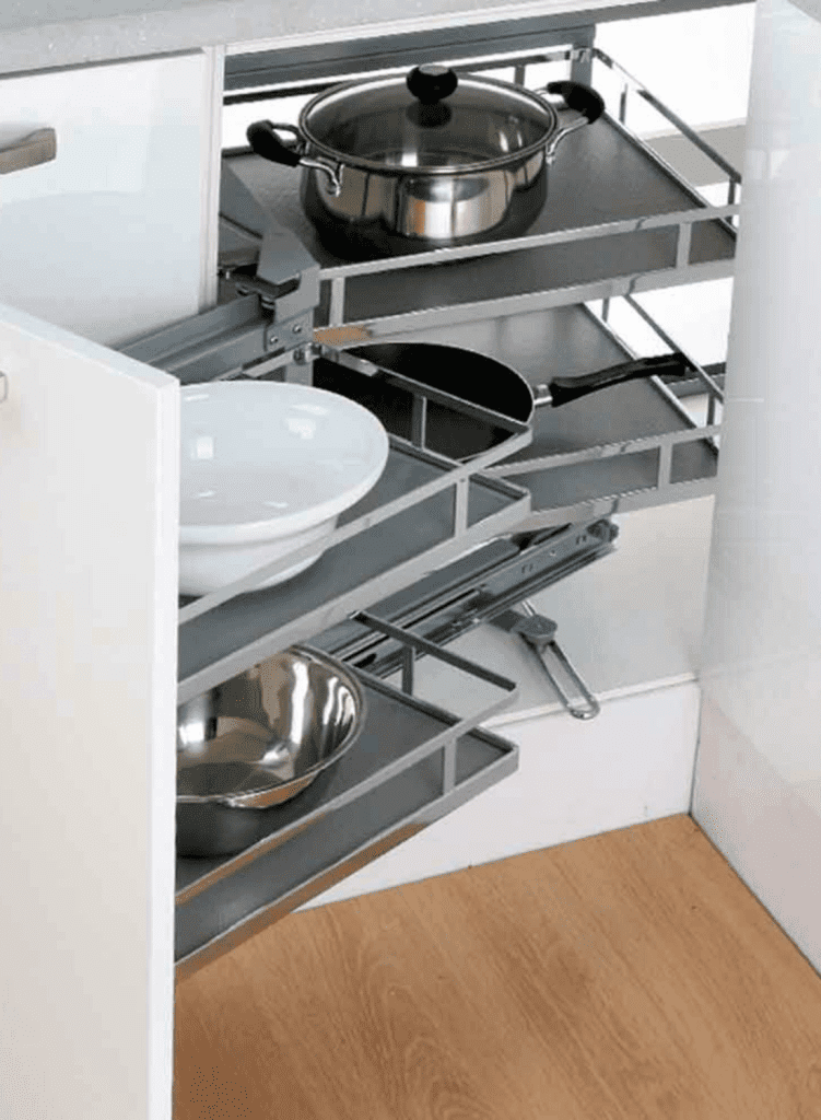 Small appliance storage corner pull out shelves