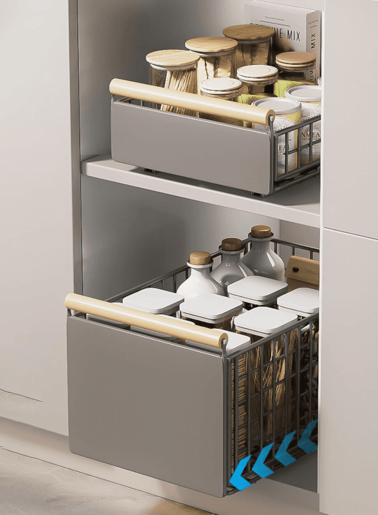 Small appliance storage drawers on runners