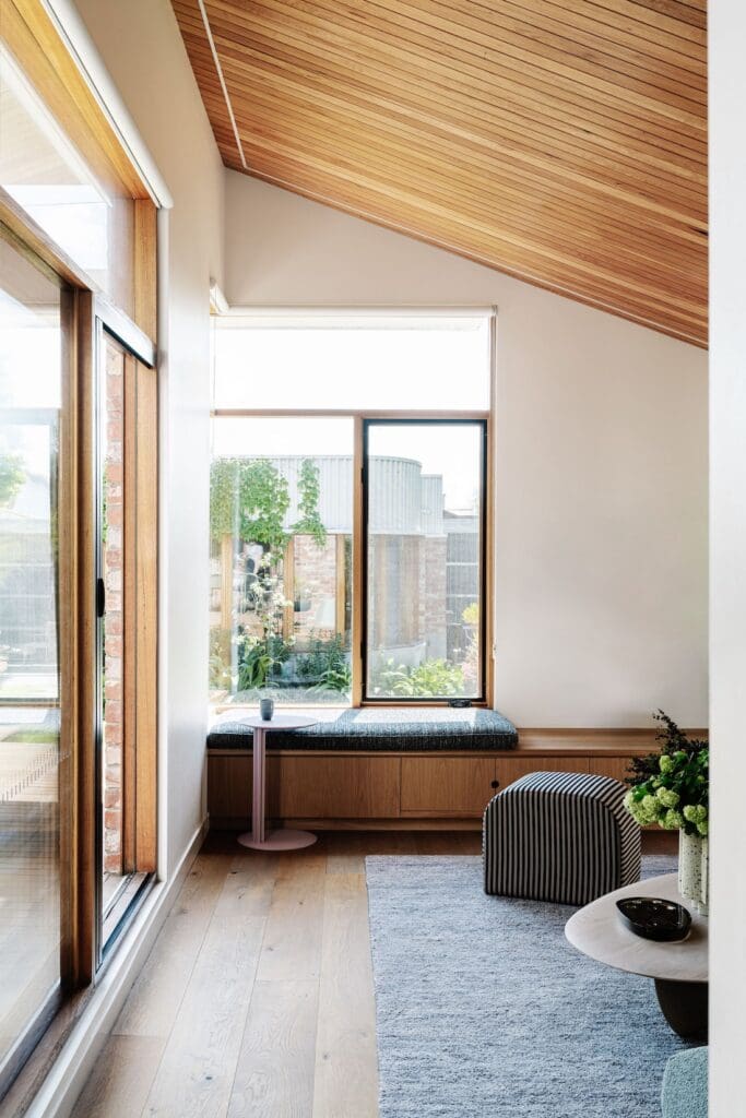 Window seat and panelled ceiling at Chatterbox House