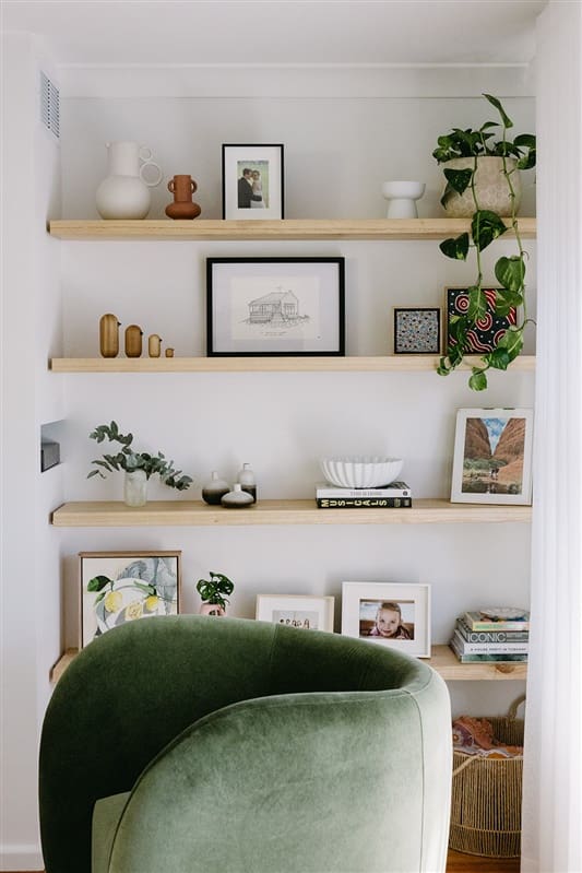 Floating shelves styled in East Ryde home