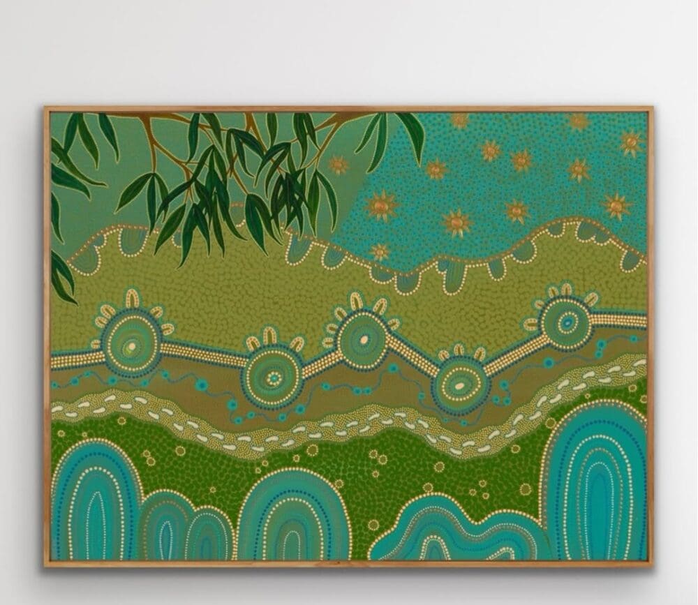 Green contemporary Aboriginal art with eucalyptus leaves