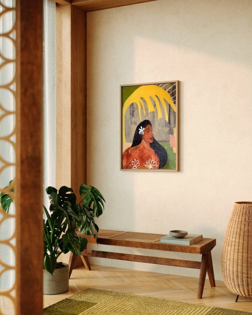 Summer style art with woman above bench in hallway by Britney Turner