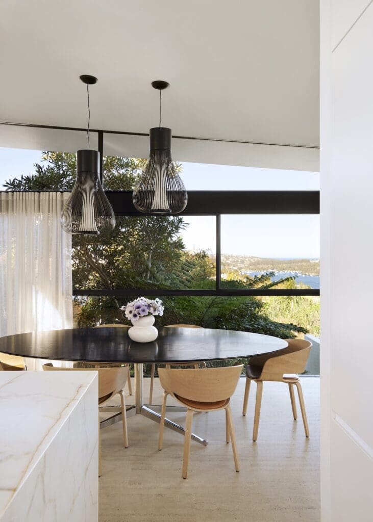 Unique dining room furniture in mid-century modern dining room of Meller House