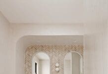 Bathroom with double vanity and reeded glass at The Stables Burraneer House