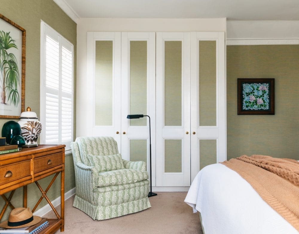 White and green wardrobe doors in bedroom at Patterned Sanctuary by The Stylesmiths
