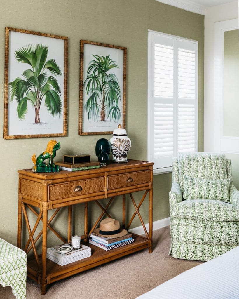 Green striped chair in bedroom at Patterned Sanctuary by The Stylesmiths