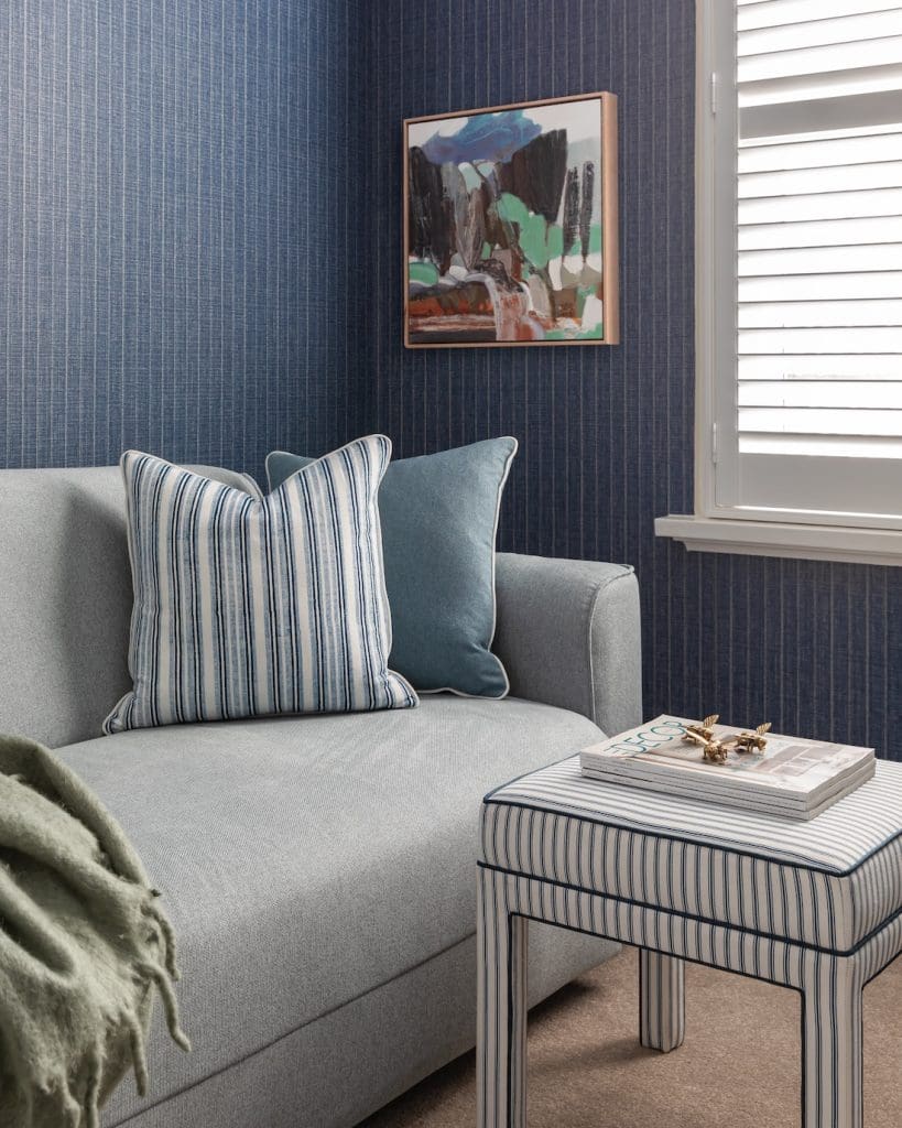 Seating nook in blue room in Patterned Sanctuary by The Stylesmiths