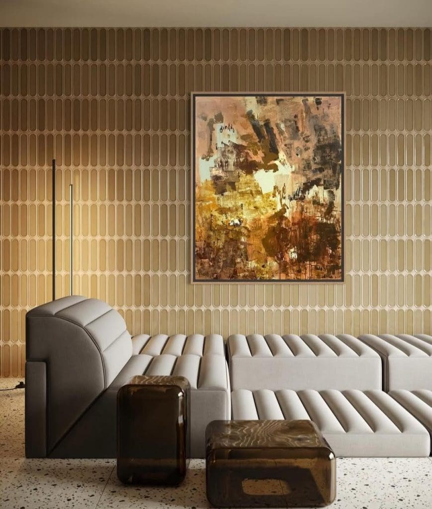 Abstract artwork with warm earthy tones in a modern lounge