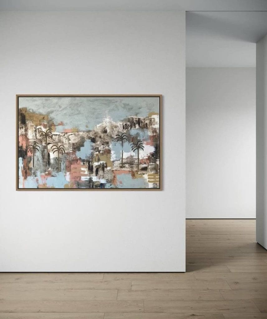 Framed painting featuring palm tree elements