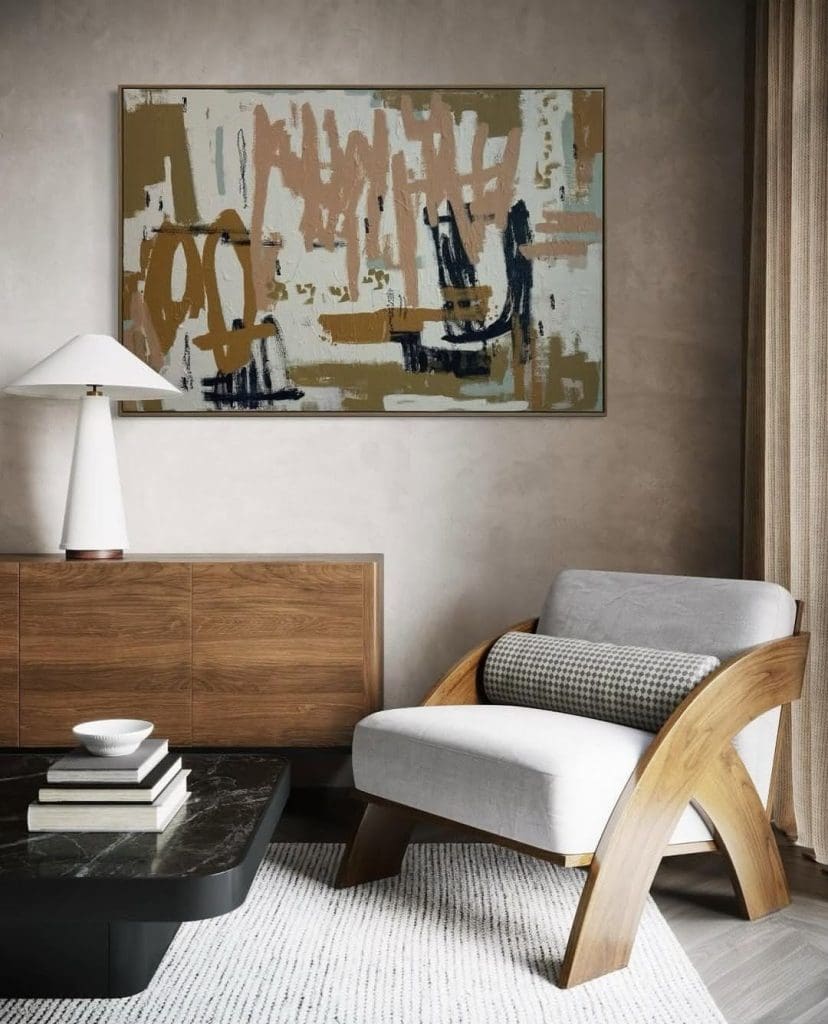 Framed abstract painting above sideboard