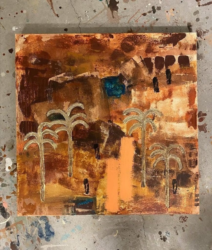 Palm trees over expressive paint strokes