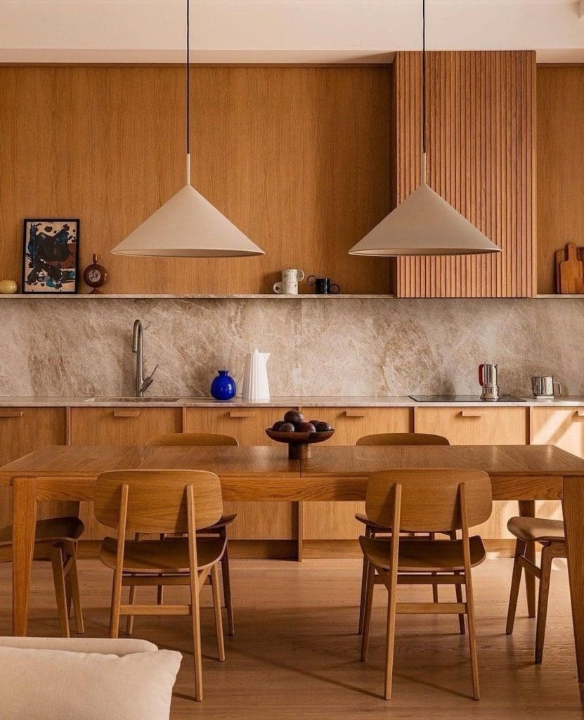Timber kitchen with stone backsplash