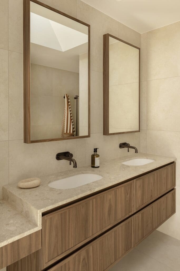 Double vanity with timber drawers at Deakin Home