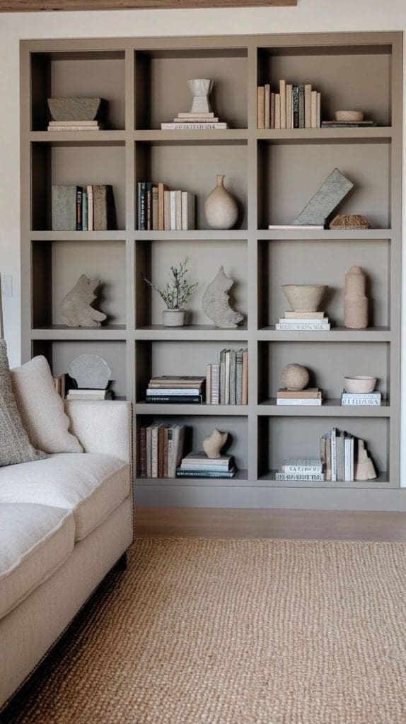 Bookshelves painted in a muted taupe or greige tone