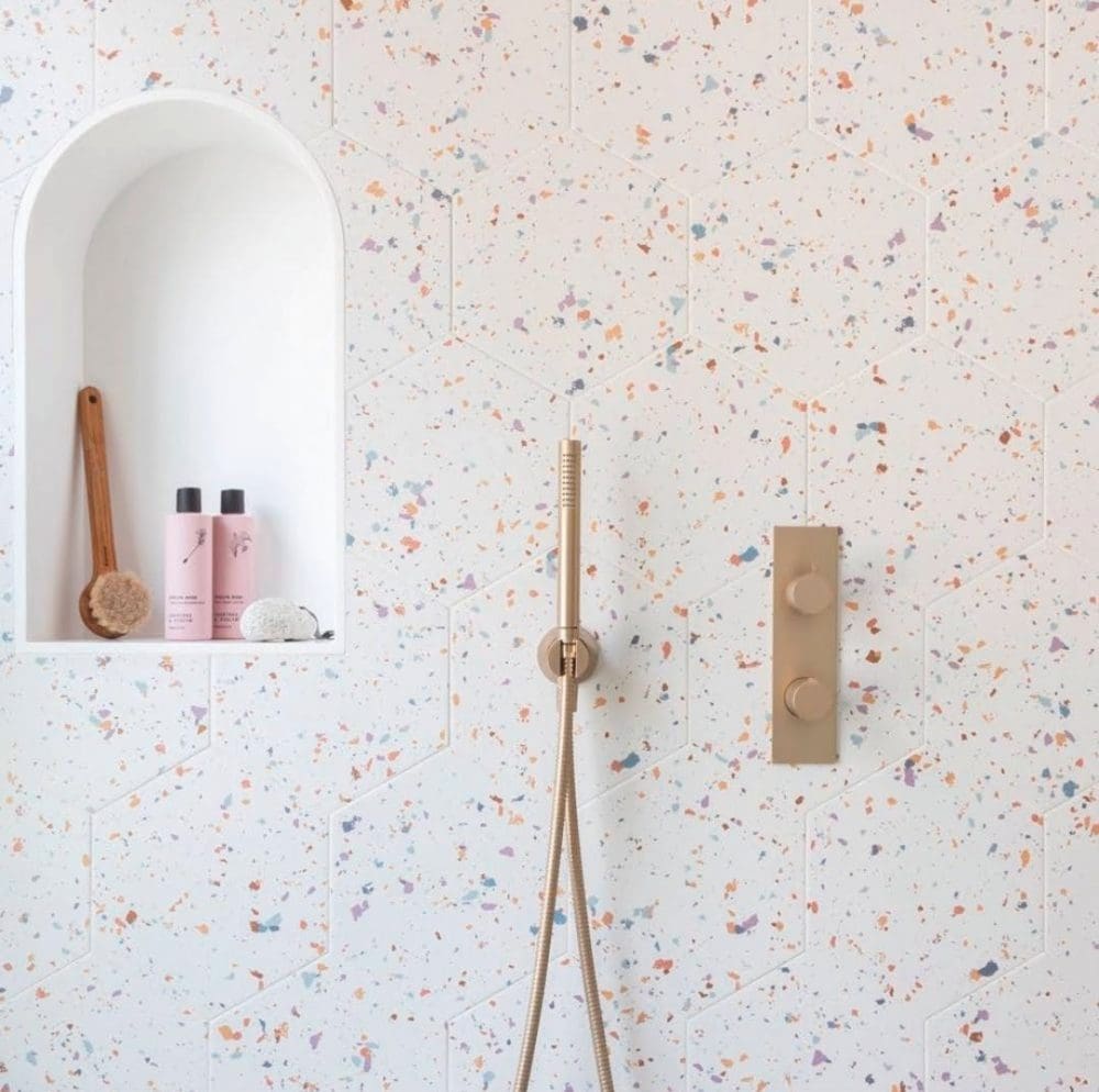 Straciatella terrazzo tiles in bathroom
