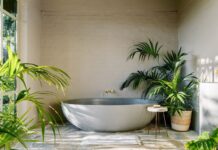 A sanctuary among the trees: Inside Mountain House bathroom Freestanding oval bathtub set against white painted brick wall with brass tapware and lush indoor plants in Mountain House by Breathe, photographed by Marnie Hawson.
