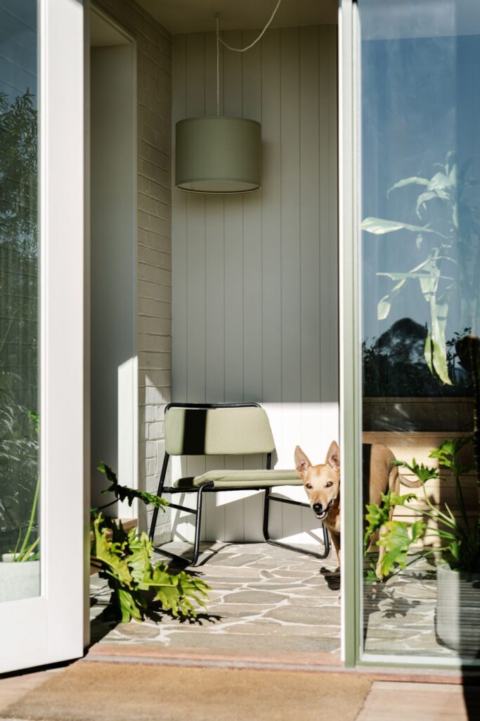 Sunlit indoor-outdoor nook with lounge chair, vertical wall panelling and greenery at Mountain House by Breathe, photographed by Marnie Hawson.
