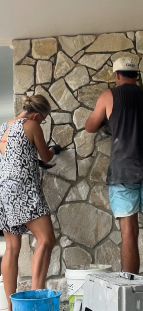 DIY stone wall makeover by Bec Riley from Rileygoodadventures - adding grout