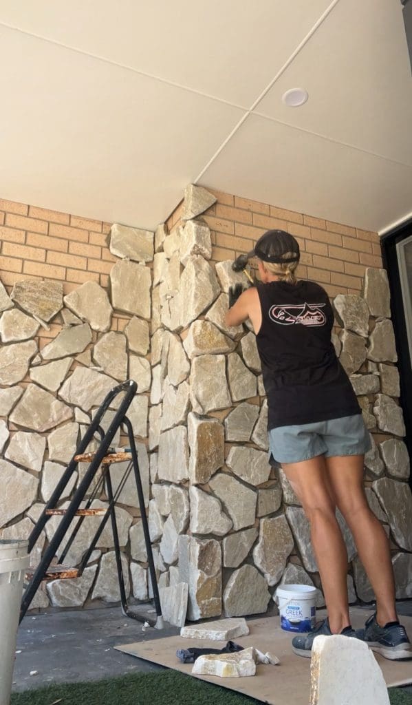 DIY stone wall makeover by Bec Riley from Rileygoodadventures - securing the stone
