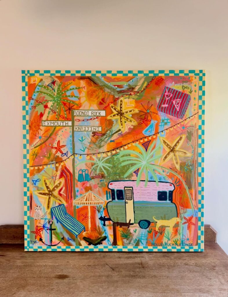 Abstract painting by Adele Auchterlonie featuring a vibrant caravan, tropical elements, and a playful, colorful landscape.