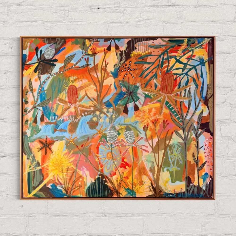 Abstract painting by Adele Auchterlonie featuring vibrant wildflowers and organic shapes in bold colors.