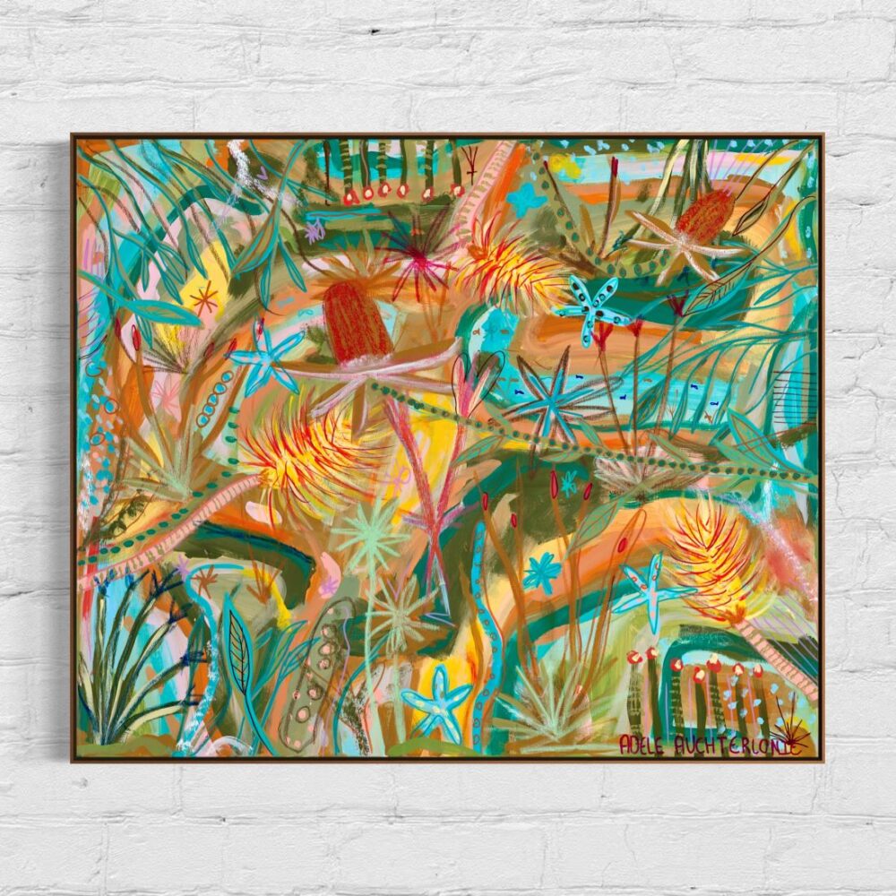 Colorful abstract artwork by Adele Auchterlonie, featuring bold brushstrokes and dynamic movement inspired by nature and the ocean.