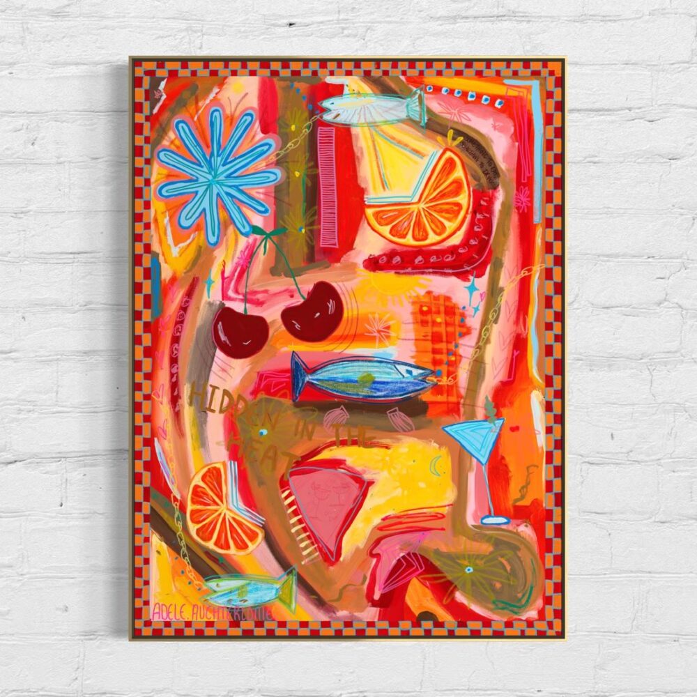 Vibrant abstract painting by Adele Auchterlonie featuring fruits, fish, and bold colors, evoking the energy of summer.