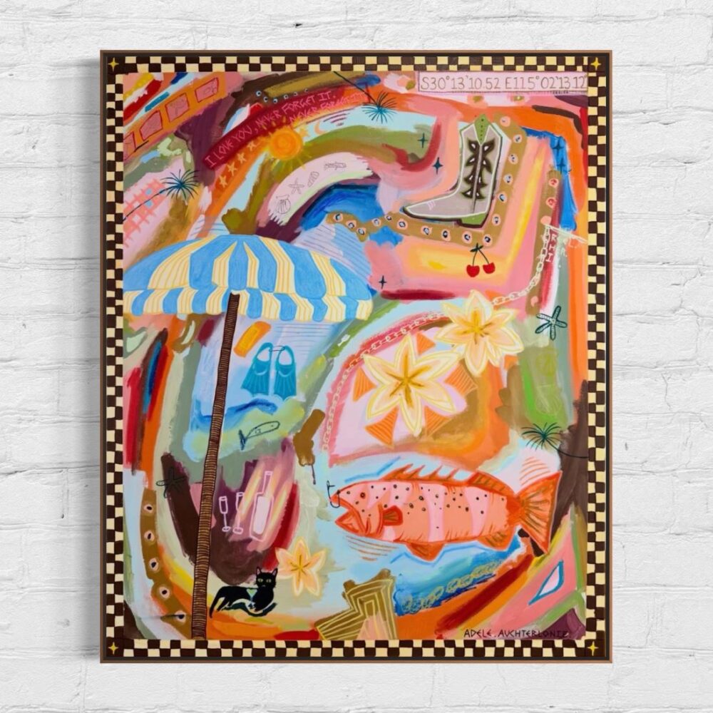 Abstract summer scene by Adele Auchterlonie, featuring a striped umbrella, fish, flowers, and playful elements of coastal life.