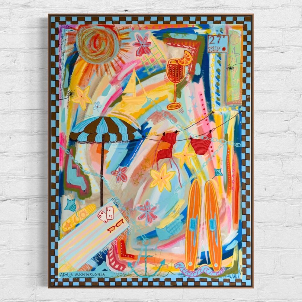 Abstract beach scene by Adele Auchterlonie, featuring a sun, drinks, beach umbrella, and playful tropical elements.