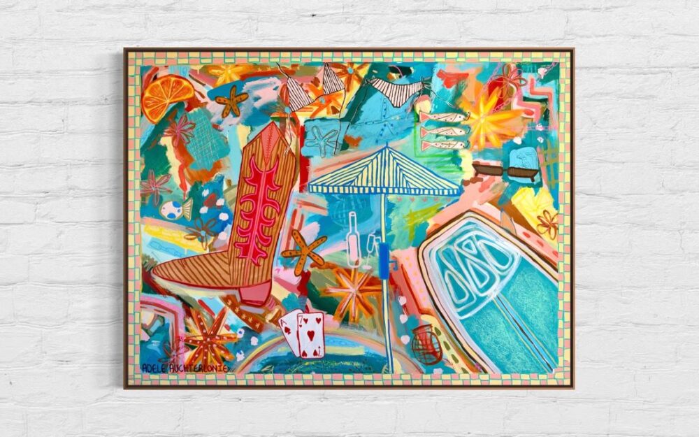 Colorful abstract artwork featuring cowboy boots, playing cards, a beach umbrella, and vibrant tropical elements like stars and citrus