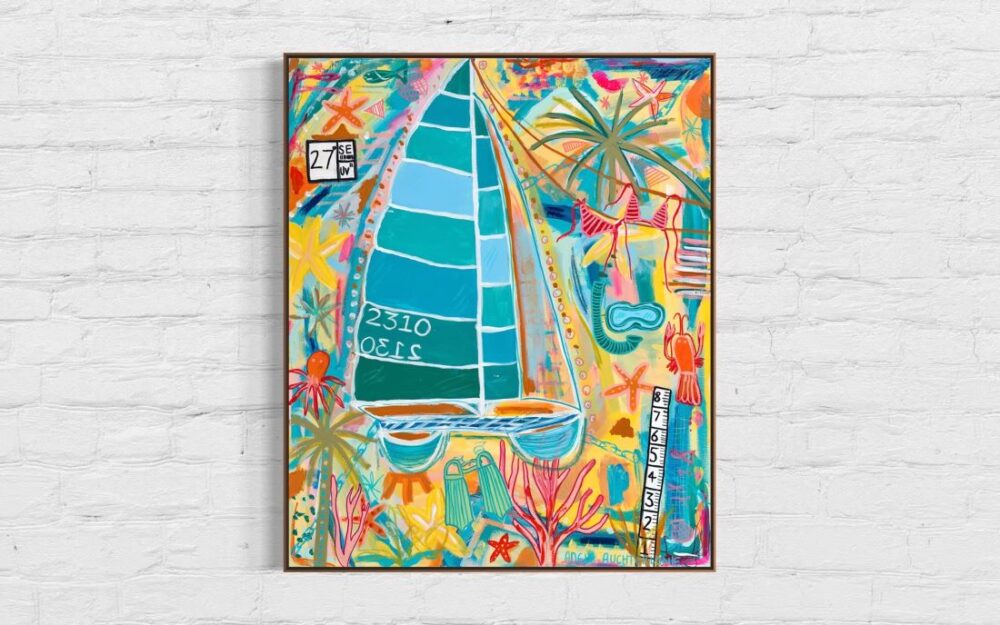 Colorful abstract artwork featuring a sailboat, diving gear, palm trees, and vibrant tropical elements in shades of teal, orange, and pink.