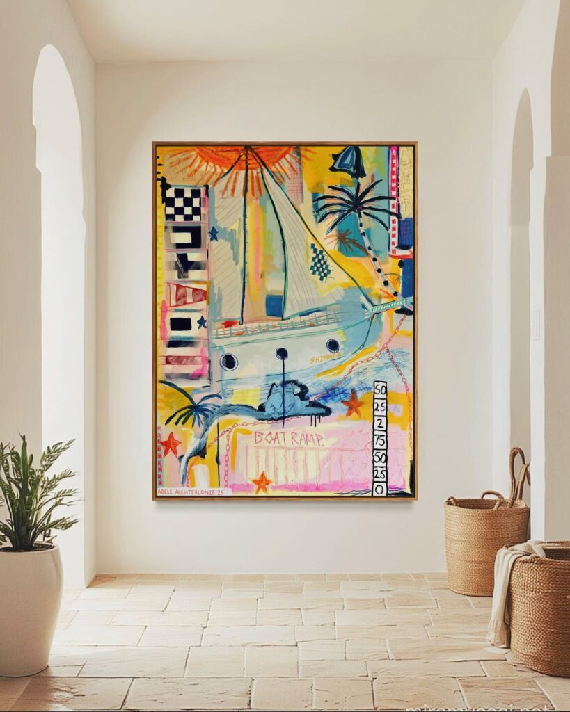 Abstract painting by Adele Auchterlonie featuring a sailboat, palm trees, and bold colors with the words 'Boat Ramp' and a vibrant sunset.