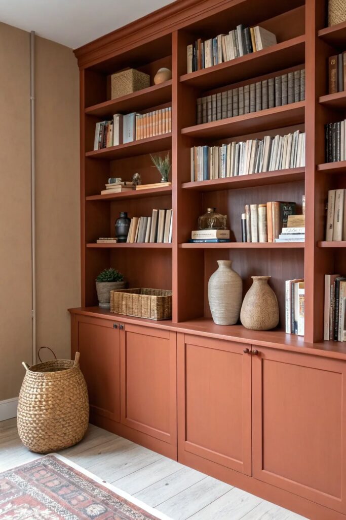 Terracotta painted bookcase in living room