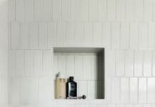 Vertical offset subway tile shower