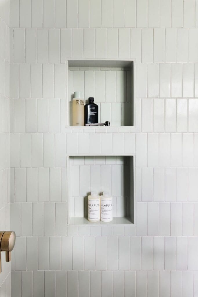 Vertical offset subway tile shower