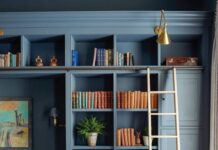 blue bookcase with ladder