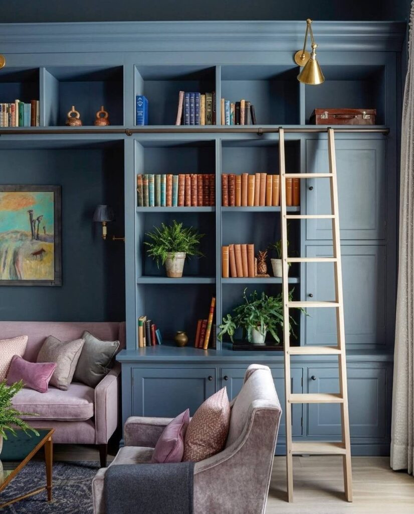 blue bookcase with ladder