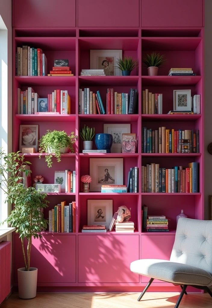 Hot pink painted bookcase in living room