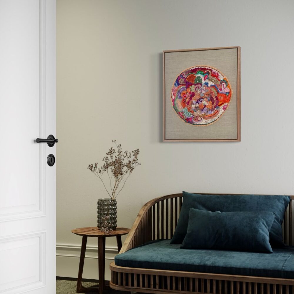 Cozy corner with colorful artwork display