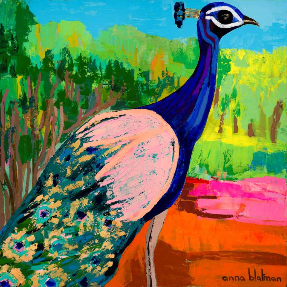 Colourful peacock in vibrant abstract landscape