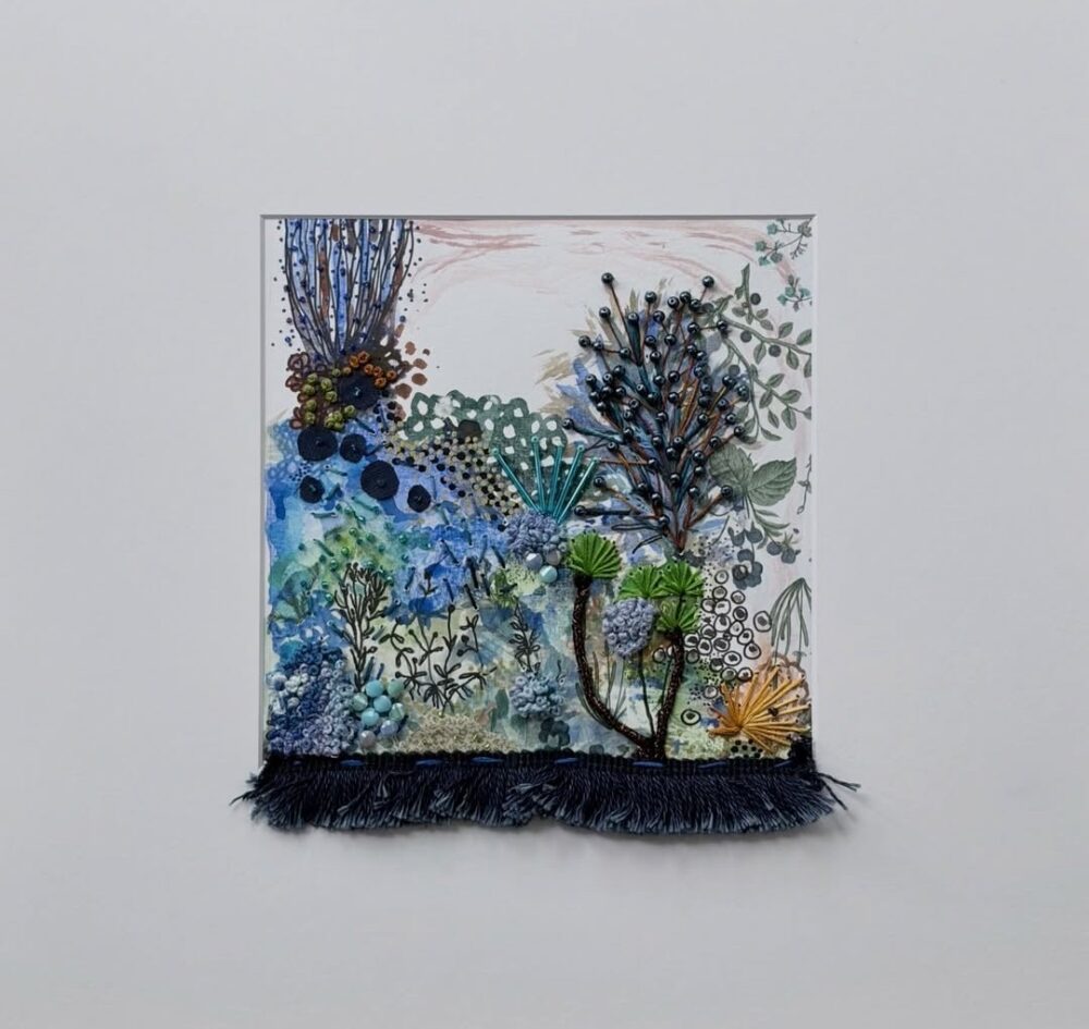 Elizabeth Sullivan embroidered artwork with blue fringe